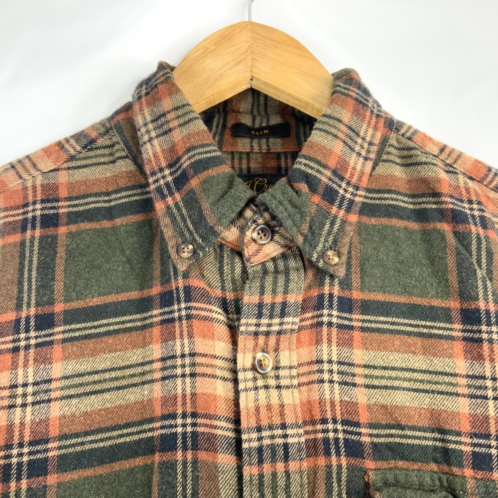 J.Crew Mens Slim Fit Cotton Cashmere Blend Plaid Flannel Shirt Green Orange M - Picture 7 of 8